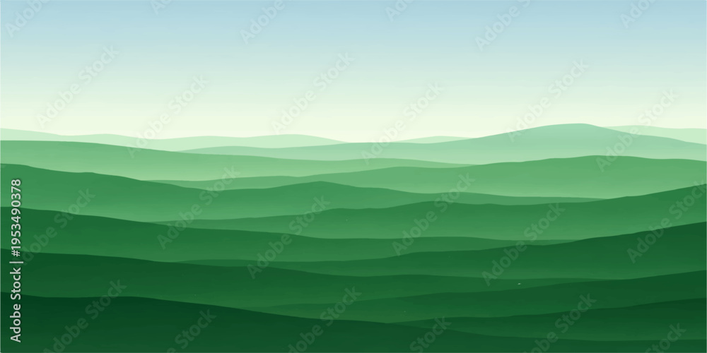 Obraz premium Beautiful mountain landscape with clouds fog and sun over green hills meadow and valley under a blue sky at sunrise 🌄⛰️☁️