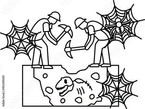 Two explorers dig near a dinosaur skull