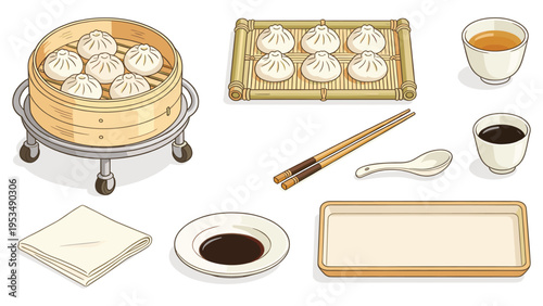 set elements various food and beverage collection featuring traditional Asian dumplings, tea, and dining accessories