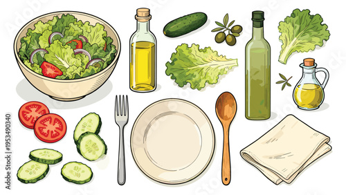 set elements various food and beverage collection featuring fresh salad items, healthy oils, and kitchenware for nutritious meals, promoting wholesome eating habits
