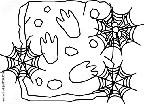 Spiderwebs cling to a rough, hand-printed stone surface