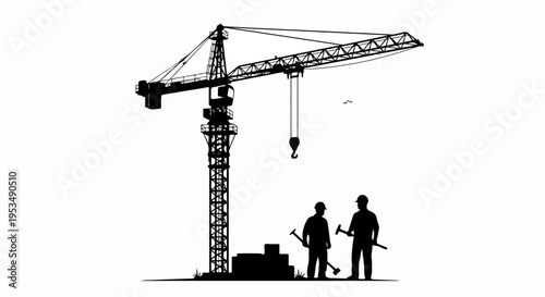 Silhouette of two construction workers standing near a crane and blocks on a white background with a dark and industrial mood.