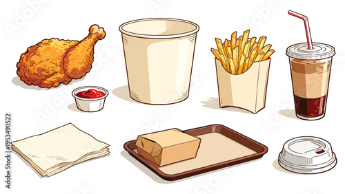 Set of popular fast food and beverage items collection, including crispy fried chicken, golden French fries, refreshing cold drink, and diverse packaging elements