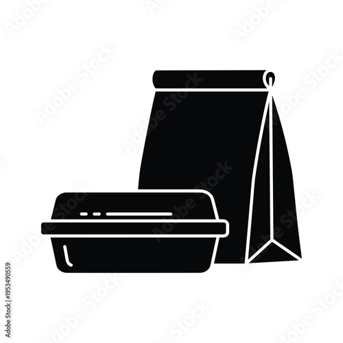 Takeout food container and paper bag silhouette icon