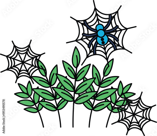 Spiders spin delicate webs among leafy stems