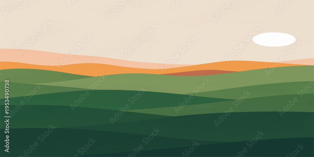 Obraz premium Green landscape with hills and mountains under a blue sky with clouds and sunlight