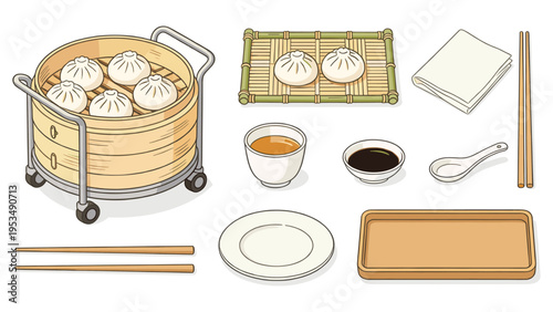 A comprehensive collection featuring various steamed buns, savory dipping sauces, and essential serving elements, perfect for an authentic Asian culinary and beverage experience