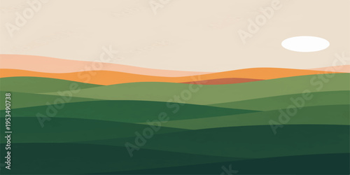 Green landscape with hills and mountains under a blue sky with clouds and sunlight