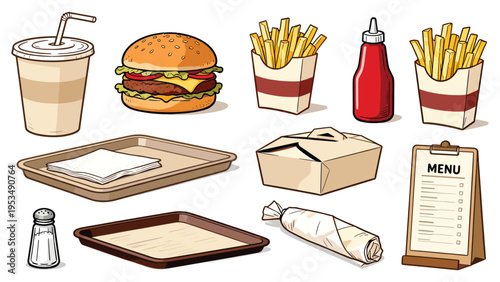 A versatile set elements various food and beverage collection featuring popular fast food items, essential condiments, and restaurant serving accessories, ideal for menu designs