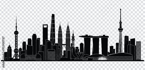 Vector illustration black silhouette of a modern city skyline with tall buildings and skyscrapers