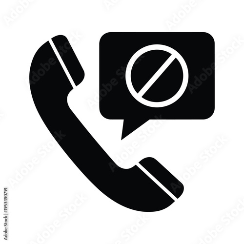 Black phone receiver icon with a 'no entry' symbol in a speech bubble