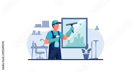 Office Cleaning Service Worker Cleaning Window Office Room with Squeegee Wipe and Spray