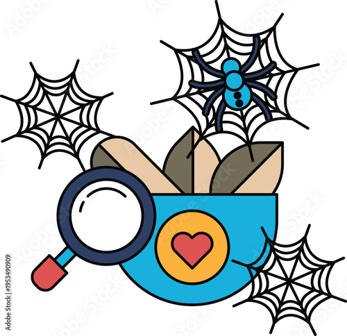 Spider webs surround a heart-adorned magnifying glass