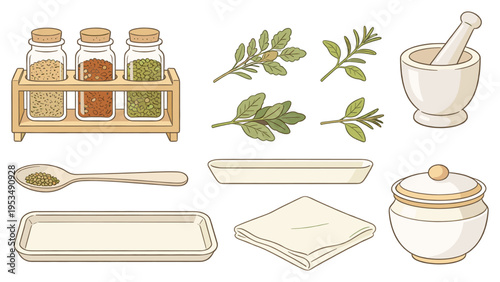An illustrative set elements various food and beverage collection featuring essential kitchen spices, aromatic fresh herbs, and traditional culinary tools, ideal for cooking and recipe art