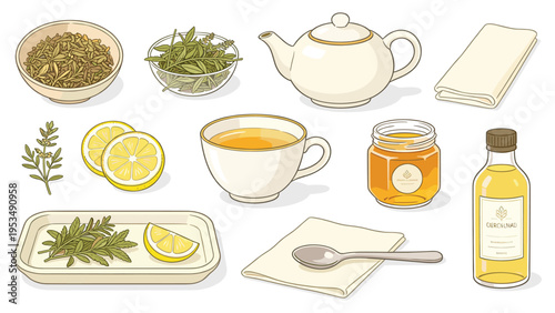 A set elements various food and beverage collection featuring herbal tea, fresh lemon, natural honey, and brewing accessories, perfect for a soothing and refreshing beverage experience