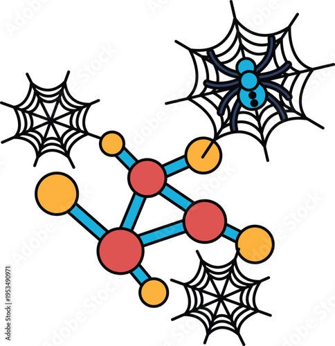 Black-and-white drawing combines molecular structure with spider webs