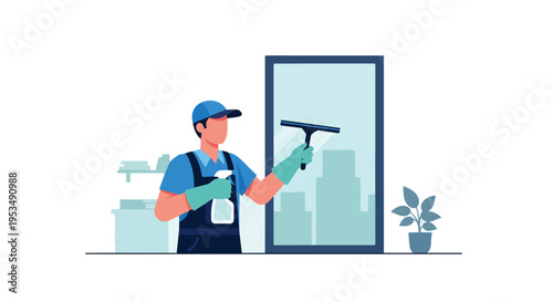 Office Cleaning Service Worker Cleaning Window with Squeegee Wipe  and Spray