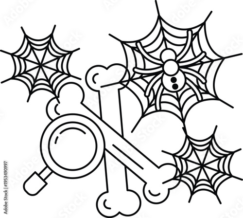 Spiders rest on intricate webs above crossed bones