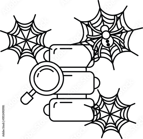 Spiderwebs frame three stacked boxes and a magnifying glass