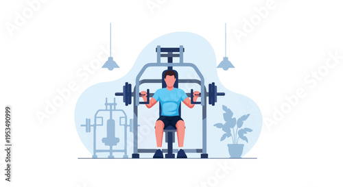 Man Lifting Barbell on Bench Press in Gym Vector Illustration Fitness Workout