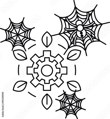 Gear spins with spider webs and leaves
