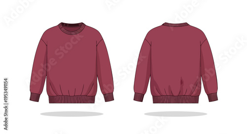 Clean and contemporary illustration of a plain burgundy crewneck sweatshirt, presenting both front and back perspectives for versatile apparel