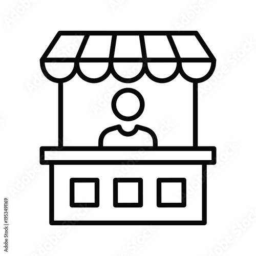 Market Stall Icon with Vendor Silhouette | Outline Style