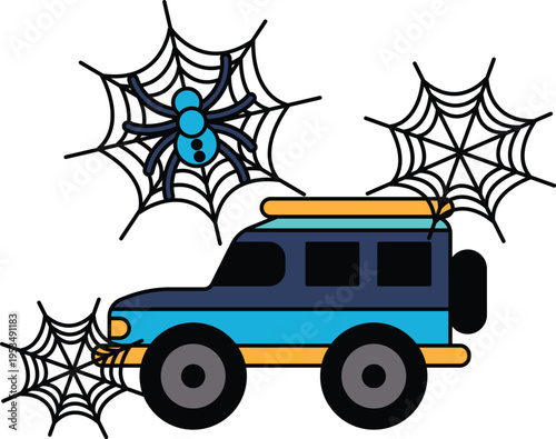 Black and white cartoon vehicle with spiderwebs above and below