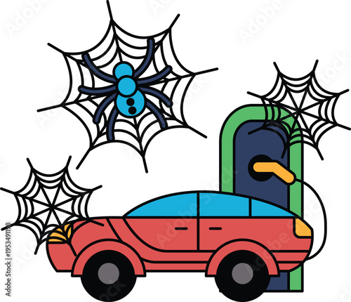 Spiders spin webs near a parked, abandoned car