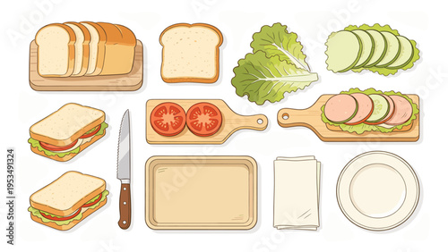 A comprehensive set of various fresh food elements and ingredients, forming a delightful collection for preparing healthy, delicious sandwiches, ideal for a wholesome meal or snack