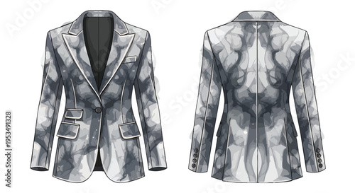 Modern blazer design with abstract grey and white pattern, front and back views for fashion illustration.