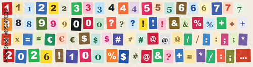  Colorful Ransom Style Number and Symbol Font Set for Creative Typography Graphic Design and Educational Print Use
