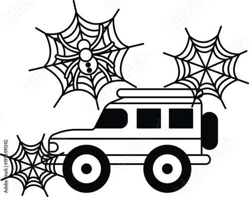 Black and white cartoon vehicle with spiderwebs above and below