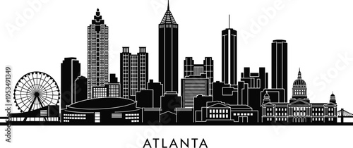 Atlanta city skyline silhouette with iconic landmarks Ferris wheel skyscrapers and downtown architecture, urban Georgia cityscape vector illustration isolated on white background