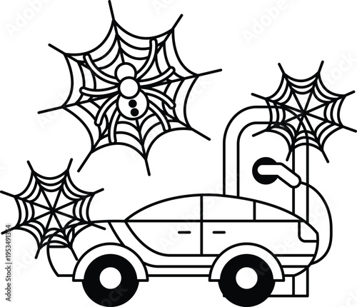 Spiders spin webs near a parked, abandoned car