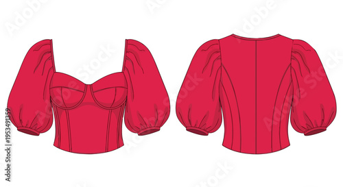 An accurate technical flat drawing of a vibrant red women's fashion top, featuring prominent puff sleeves and a chic sweetheart neckline, presented