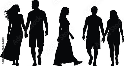 Couple silhouettes walking together holding hands, romantic relationship concept with man and woman in casual outfits, love and lifestyle scene, black vector illustration isolated