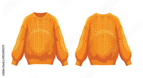 A cozy, vibrant amber orange cable knit sweater, showcasing its intricate textured patterns from both front and back perspectives, an ideal apparel