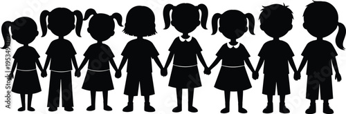 Children silhouettes holding hands in a row, boys and girls unity concept, friendship and teamwork illustration, kids group vector isolated on white background