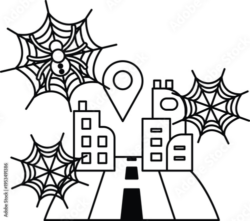 Spider webs hang over city buildings