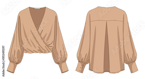 Fashion illustration of a chic women's wrap blouse with elegant puff sleeves and gathered hem