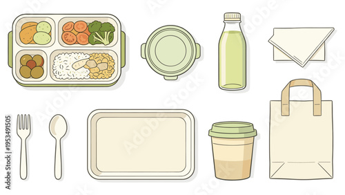 set elements various food and beverage collection featuring lunch containers, drink bottle, and cutlery, ideal for modern takeaway and meal prep