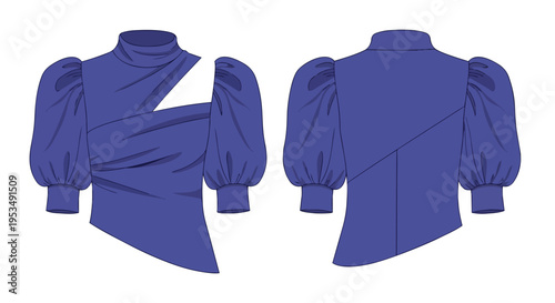 Sophisticated purple blouse with dramatic puff sleeves and an asymmetrical high-neck geometric design