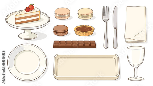 A delightful and comprehensive collection of various food and beverage set elements, featuring sweet desserts, elegant tableware, and essential dining accessories for a perfect meal presentation