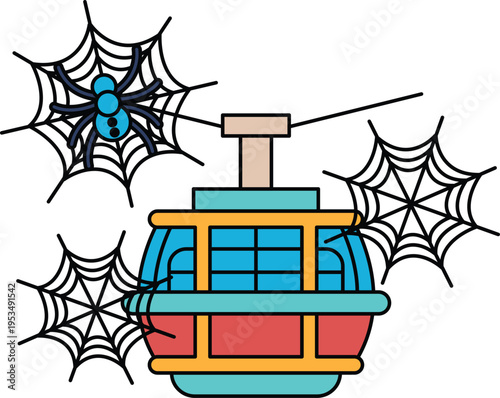 Spiders spin webs above a whimsical cable car
