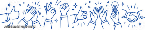 Business Hand Gesture Doodle Icon Set Showing Teamwork Approval Innovation and Partnership for Corporate Communication Design