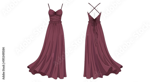 A graceful flowing maroon evening gown illustration front and back view perfect for elegant fashion concepts.