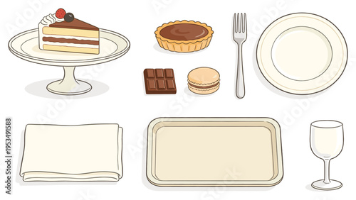 set elements various food and beverage collection featuring sweet desserts, elegant dining ware, and assorted serving items for diverse culinary presentations