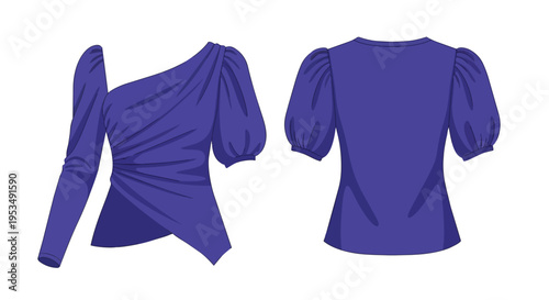 Elegant purple asymmetrical top design with one long sleeve and a puff short sleeve, featuring delicate draping details and a stylish cut ideal for