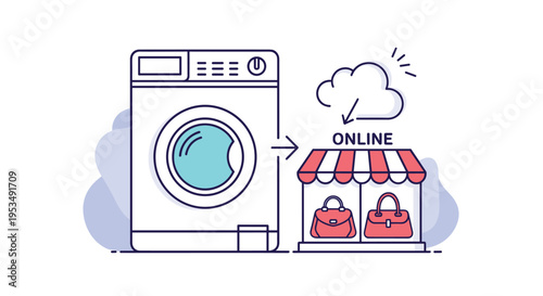 Smart home appliance and e-commerce connection featuring a washing machine linked to an online shop with fashion accessories.
